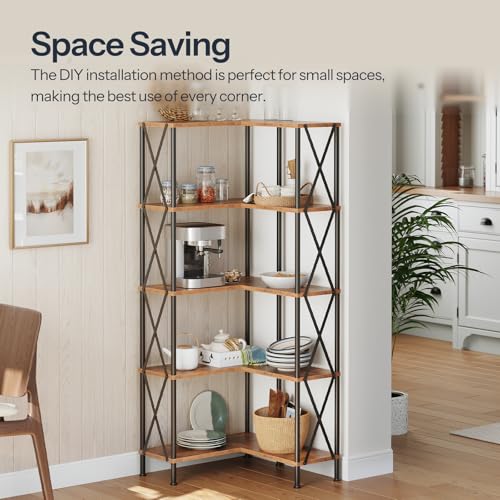 HOOBRO Corner Bookshelf, 5-Tier L-Shaped Bookcase, Industrial Open Display Shelf Tall Storage Organizer, Vertical Storage Rack, for Living Room, Home Office, Rustic Brown and Black BF60SJ01 - Image 4