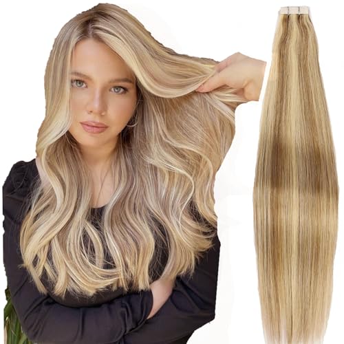 Tape in Hair Extensions Human Hair,#P18/613 DIYOMO Ash Blonde Highlighted Bleach Blonde Hair Extensions Handcrafted Soft & Smooth Remy Hair Extensions for Women,2.5g/Pcs 50g/Pack.