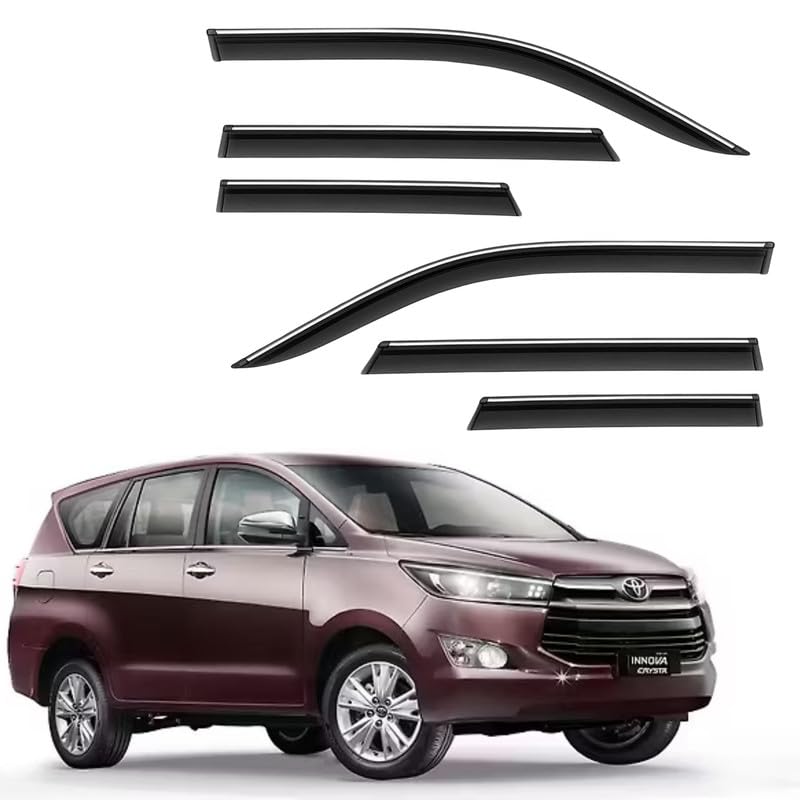 Image of CAR SAAZ Side Door Visors for Innova Crysta (2016-2020)(Set of 6Pcs)|Chrome Lined Rain Guards, Polycarbonate, Smoke Finish