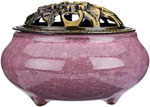 MISTHO Ceramic Incense Burner with Copper Lid with Metal Incense Holder for Sandalwood Incense, Palo Santo, Sage Cone and Frankincense(Violet)
