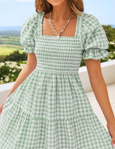 Image of ZESICA Women's 2026 Boho Summer Dresses Gingham Puff Sleeve Square Neck Flowy Beach Midi Dress