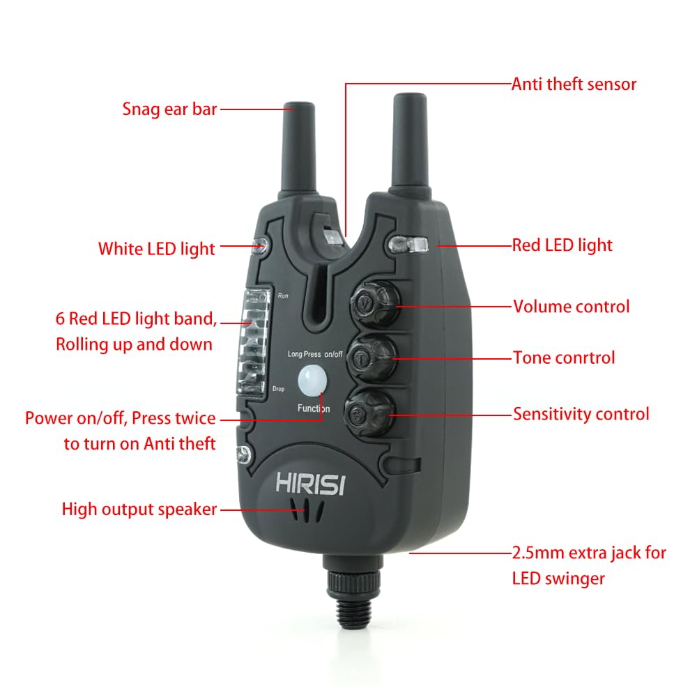 Hirisi Tackle Alarma impermeable para pesca de carpas con 9 LED y ajuste de sensibilidad de tono de volumen, accesorios de pesca
