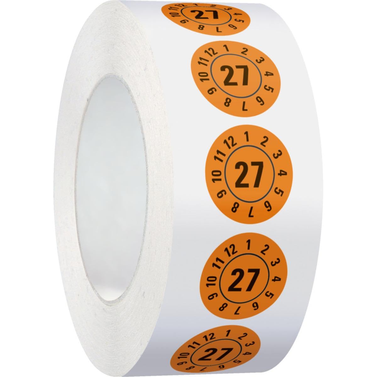 Jahresprüfplakette 27, Dokumentenfolie, selbstklebend, orange, Ø 25 mm, 500 Stück/Rolle