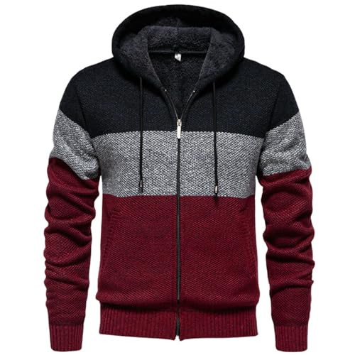 Men's Autumn Winter Loose Plush Lined Color Block Hooded Knit Sweater Cardigan