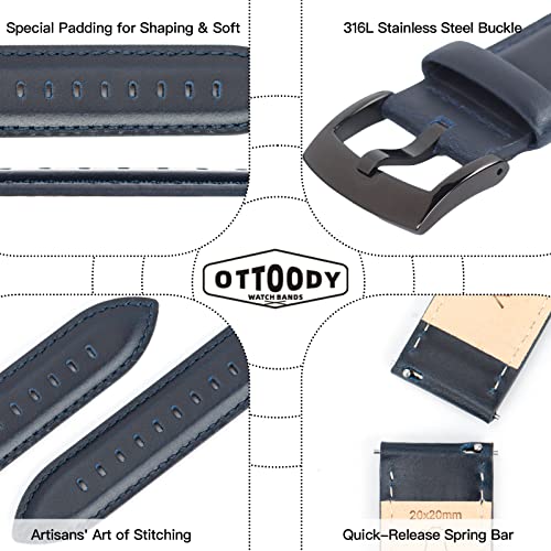 Image of OTTOODY Leather Watch Bands Quick Release, Elegant Top Grain Leather Watch Straps for Men & Women, Choice of Color & Width - 18mm, 19mm, 20mm, 21mm or 22mm Wristbands Bracelet for Watch & Smartwatch