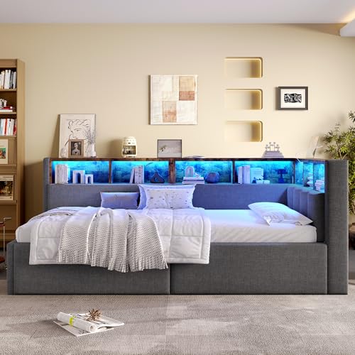 Moimhear Cama de día, sofá cama, USB + conectores tipo C, función de almacenamiento hidráulico, tira LED multicolor, lino (gris)