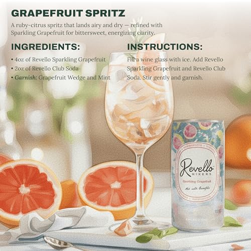 Image of Revello Mixers Sparkling Grapefruit - Mixer Infused with Electrolytes, Antioxidants, Vitamins & Minerals - Low Sugar & Calories - Premium Beverage for Crafted Cocktails & Mocktails - 8 fl oz (Pack of 4)