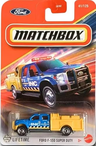 Matchbox Ford F-550 Super Duty Diecast Car, 1:64 Scale, Blue/Yellow, 41/125