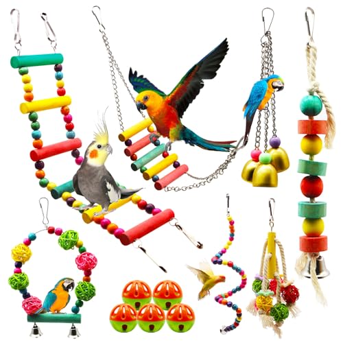 MQUPIN Lot de 12 Jouets pour Oiseaux à Marcher, Balançoire, Échelle, Bois Perchoirs, Sepak Takraw, Cloches, Décoration des Cages à Oiseaux de Petite et Moyenne Taille, Perruche et Perroquet