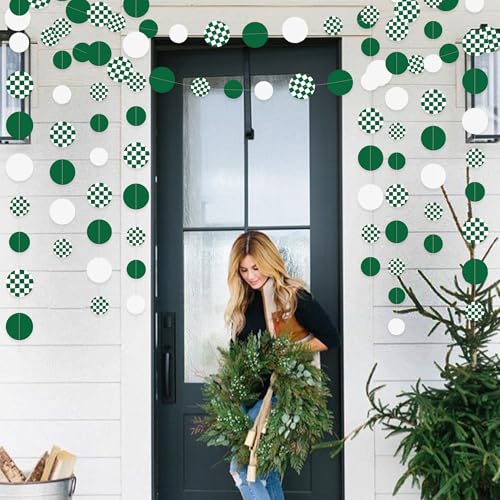 Image of Green Party Decorations White Green Checkered Circle Dots Streamer Hanging Paper Polka Dot Garland for Birthday Wedding Shower Bachelorette Christmas Dinosaur Arbor Day Picnic Golf Party Supplies