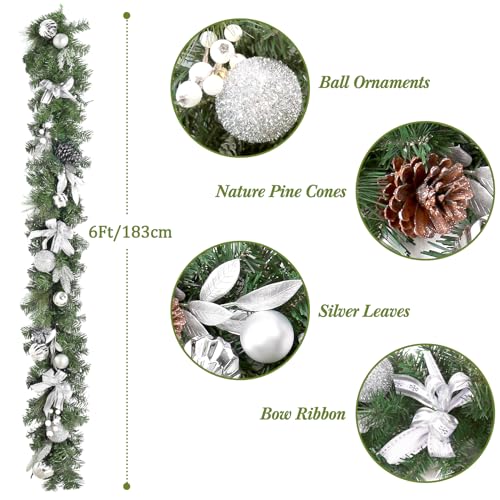 Silver 6 Ft Prelit Christmas Garland with Battery Operated Lights, Waterproof, Suitable for Mantle, Door, Stairs Railing & Table