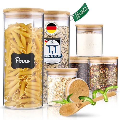 GREEN BEE`S 6er Set Vorratsglas groß - 2x1500ml & 4x650ml - Passgenau für Schublade & Apothekerschrank - Nachhaltige Vorratsgläser mit Deckel luftdicht - Für Mehl, Reis, Nudeln, Müsli und Bohnen
