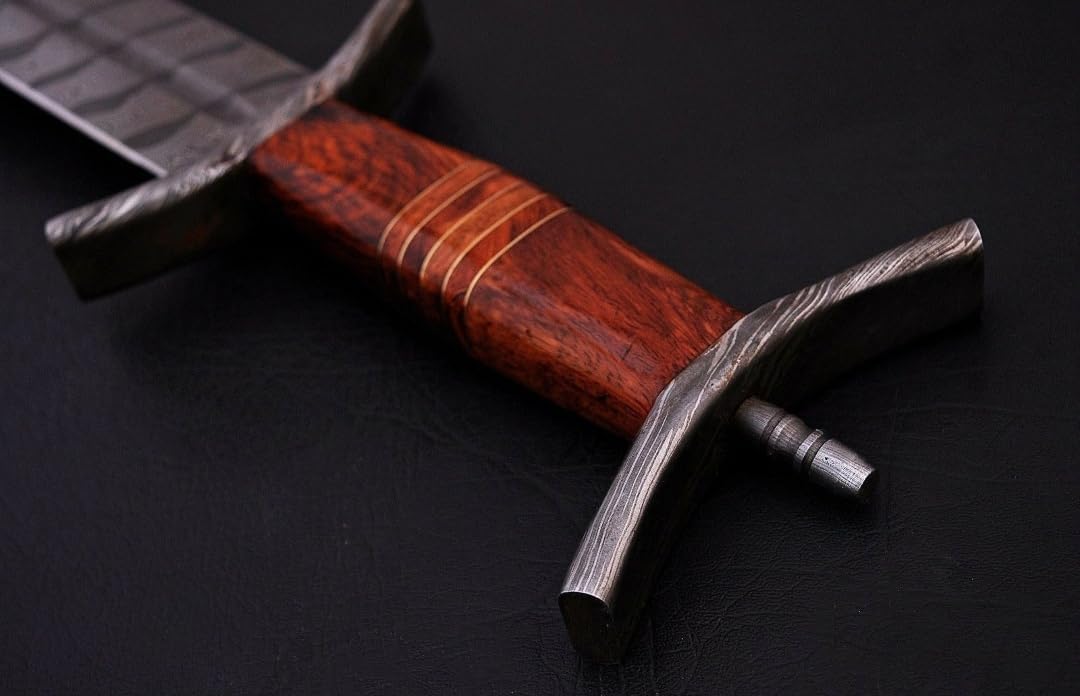 Empire 32 Inch Long Double Edge Sword - Handmade Damascus Steel Cable Twist Pattern Combat Sword with Leather Sheath, Rose Wood Grip, Medieval Sword - Collectible, Best Gift for Him