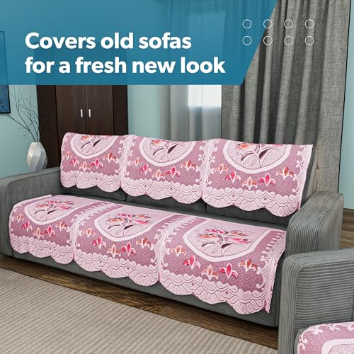 Image of Kuber Industries (Set of 10) Stylish & Durable Cotton Sofa Covers 5 Seater | Aesthetic Sofa Protector /Mat & Slipcover for Hall, Living Room & Office | Flower Design - White & Pink