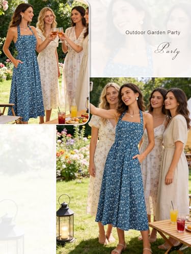 Image of YIOYOLA Women Sleeveless Halter Sleeveless Drop Waist Corset Midi Dress Swing Flowy Beach Sundresses with Pockets