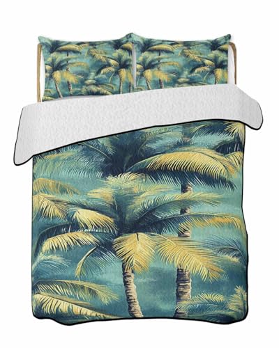 Green Forest Queen Quilt Set with 2 Shams, Tropical Leaves