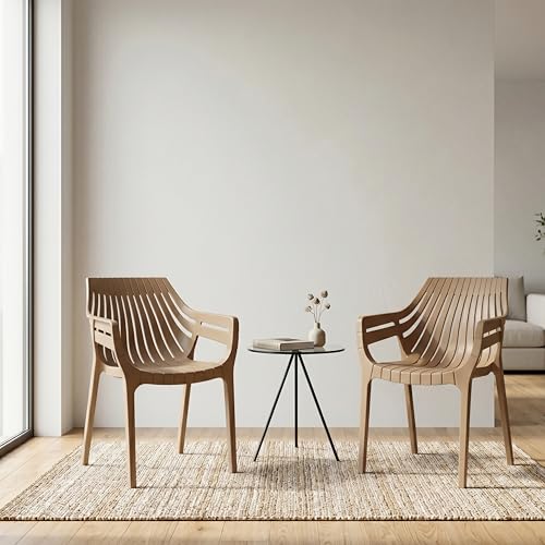 Image of OAKNEST Supreme Spectrum Plastic Arm Chair - Modern Slatted Stackable Chair for Living Room, Dining, Garden, Balcony, Restaurant & Cafe | Indoor Outdoor Designer Chair, Set of 2, Dark Beige