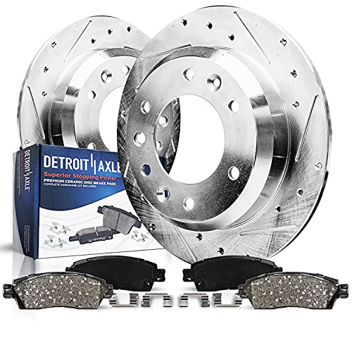 Image of Detroit Axle - REAR Brake Kit for 2006-2012 2014 Kia Sedona 2007-2010 Hyundai Entourage Drilled & Slotted Disc Brake Rotors 2008 2009 Replacement Ceramic Brakes Pads