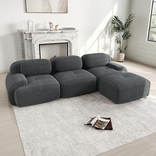 Bladez Sofá moderno de 3 plazas de cordón. Sofá modular en forma de L con reposapiés, sin montaje, combinable con otros sofás, para sala de estar (Gris, 3 plazas+1)