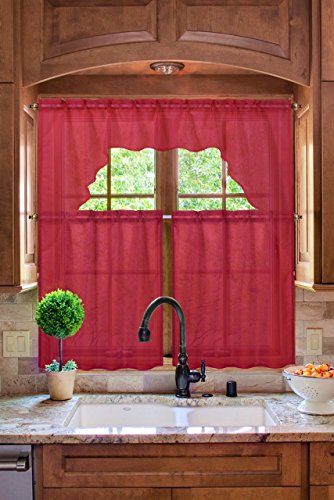 Gorgeous Home LINEN (K66 3PC Kitchen Home Decor Curtain Bright RED Voile Rod Pocket Window Kitchen Sheer Curtain Set 2 Tier Panels & 1 Swag Valance, Various Solid Colors