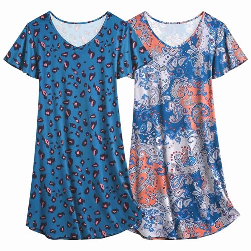Image of Ekouaer 2 Pack Nightgowns for Women Short Sleeve Nightshirt Soft Sleepdress