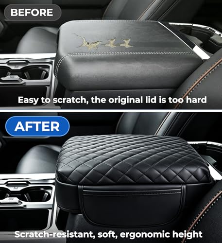 Image of Center Console Cover for Ford F250 /F350 /F450 /F550 Super Duty 2026 2025 2024 2023, Fits Bucket Seat Only, 1.2-Inch Thick PU Leather Armrest Cushion Protector with 2 Side Pockets, Black