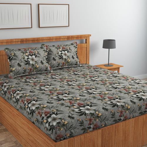 Image of NEW LEAF Cotton Fitted King Bedsheets with 2 Pillow Covers | Elastic Fitted | Wrinklefree | Ultrasoft |Winter Bedsheet 200 to 220 tc Floral | 78x72+8 Inches, Floral Black Grey