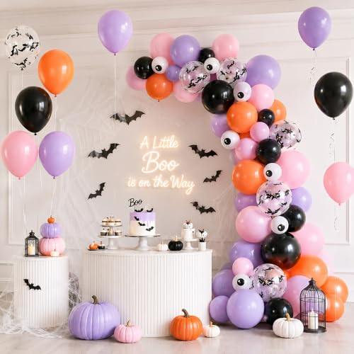 Image of Halloween Balloons Pastel Pink Black Spooky One Halloween Party Decorations | Pink Purple Balloon with 3D Bat Sticker Eyeball Bat Print Balloon for Girl Cute Ghost Night Baby Shower Birthday Party Decor