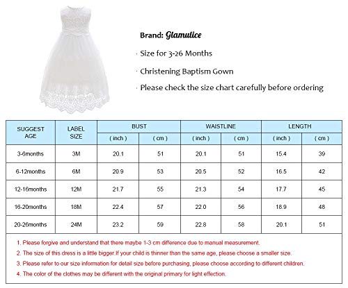 Glamulice Light Ivory White Baby Girl Newborn Lace Christening Gown Baptism Dress Infant Satin Communion Outfit 6-12 Baby Girls Formal Party Dedication Holiday Sleeveless Dresses With Hat Shoes 6M #TOP1