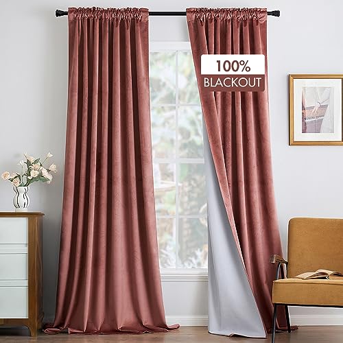 Image of MIULEE 100% Blackout Velvet Curtains Dusty Rose Pink Thermal Insulated Curtain Drapes for Luxury Bedroom Living Room Darkening 96 Inches Long Black Out Curtain Panels Rod Pocket Set of 2