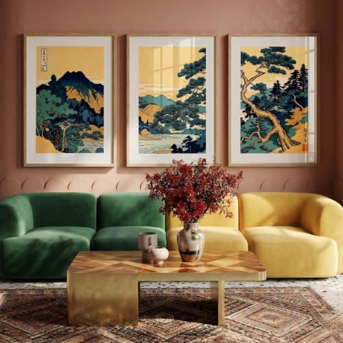 Image of kotart Japanese Nature Art View Framed Poster | Big Aesthetic Nature Art Wall Framed Posters for Living Room Bedroom Wall Decor Set Of 3 (14x20 Inch)