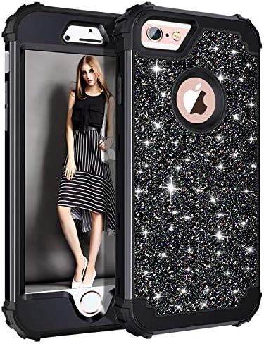 Casetego Compatible with iPhone 6S Case,iPhone 6 Case,Glitter Sparkle Bling Three Layer Heavy Duty Hybrid Sturdy Shockproof Protective Cover Case for Apple iPhone 6/6S,Shiny Black