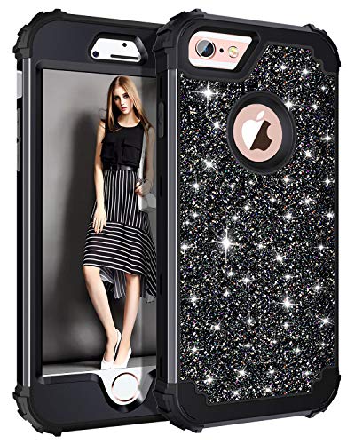 Casetego Compatible with iPhone 6S Plus Case,iPhone 6 Plus Case,Glitter Sparkle Bling Three Layer Heavy Duty Hybrid Sturdy Shockproof Protective Cover Case for Apple iPhone 6 Plus/6S Plus,Shiny Black