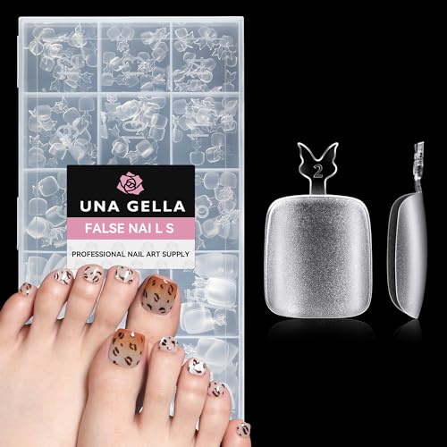 UNA GELLA Toe Nail Tips Full Cover, 216 Pcs Square Round Toe Nail Press Ons Clear Pre-shape Gel Toe Nail Tips Double Matte Acrylic Fake Toenails Extensions DIY Home Nail Salon for Women, 15 Sizes