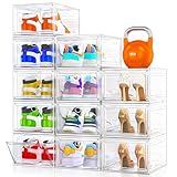 12 Pack Clear Shoe Storage Organizer with Magnetic Door, Stackable Plastic Shoe Boxes for Sneakers, Boots, and Heels, Space-Saving Foldable Shoe Rack for Closet, Durable Shoe Cabinet Organizer, White