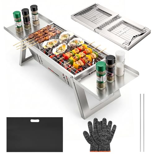 Mini Barbecue Charbon de Bois Portable et Pliable, Petit Barbecue de Table avec Réglage de Chaleur à 4 Niveaux, Barbecue Camping pour Jardin, Terrasse, Pique-Nique,...