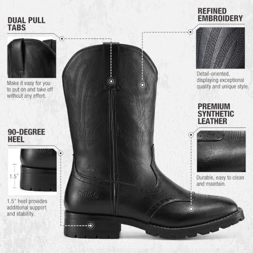 Image of Rollda Cowboy Boots for Men, Western Boots Men's Square Toe Chunky Heel Mid-Calf Boots Classic Embroidered Pull On Tabs Black Size 9
