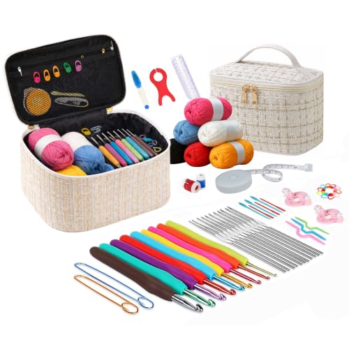 Image of KRENZ 59 Pcs Crochet Kit Set for Beginner Adults Kids Starter Kit Crochet Needles Set Crochet Kit Include 6 Yarn Crochet Hooks Stitch Markers Storage Bag All in One Crochet Hook Set with Crochet Yarn