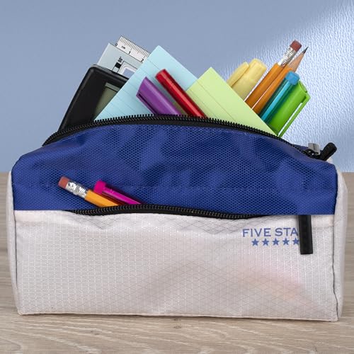 Image of Five Star Pencil Pouch 9-Pocket Zipper Storage Organizer Case for Office Supplies Earbuds Chargers Cables Makeup, Tan /Blue (505600C)