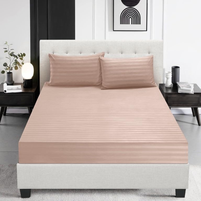 Prime Linens Satin Stripe Fitted Sheet Bed Sheet Brushed Microfiber 30 Cm Deep Fitted Sheet Elastic Edges Breathable Soft Machine Washable Fade Resistant (Pink, Single)