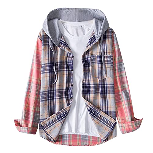 Mteng Men's Plaid Hooded Shirts Casual Long Sleeve Button Up Lightweight Jackets Coats Checkered Shirts #TOP9