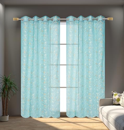 Image of Fabrilia Floral Pattern Embroidery Tissue Net Sheer Transparent Grommet Curtains for Door 7 Feet Long Set of 2, Teal Blue