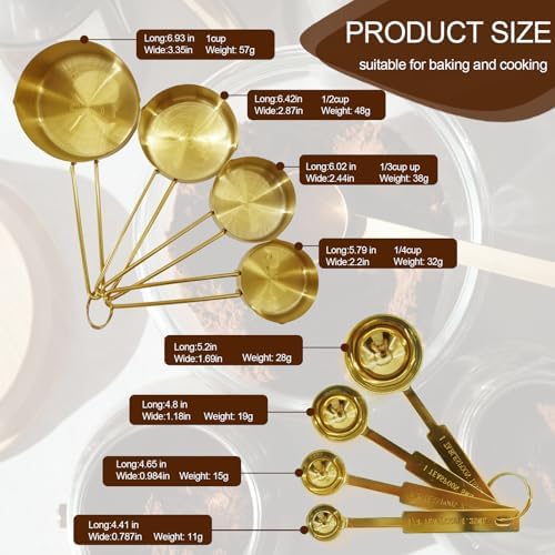 Gold 304 Stainless Steel Measuring Cup and Spoon Set, Stackable, 8-Piece, Long Handle for Narrow Bottles, Premium Gold Kitchen Utensils for and Cooking - Thumbnail 5
