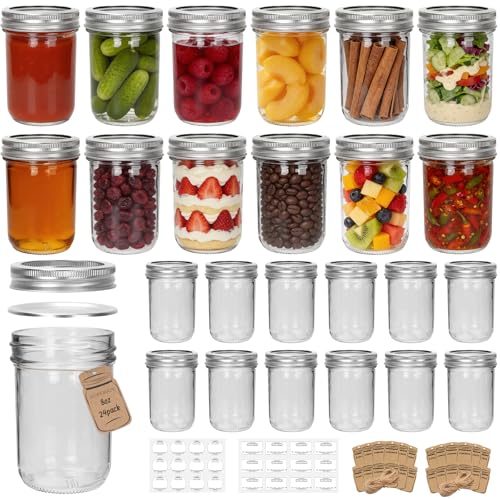 Eathtek 8 oz Mason Jars 24 Pack, 240ml Mini Canning Jars with Regular Lids for Jelly Herbs Spice Honey Storage, Small Glass Jars Candle jars, Extra Lids Tags Label Included