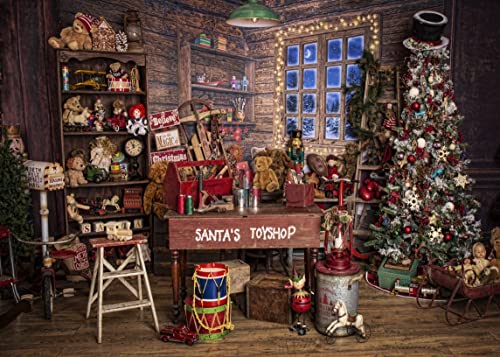 BELECO 10x8ft Fabric Santas Workshop Backdrop Vintage Xmas Cottage Xmas Tree Gifts Santa Toy Shop Store Background Christmas Santa Workshop Party Decorations Kids Photo Booth Shoot Studio Props