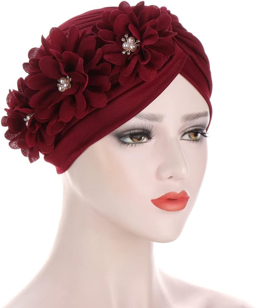 YYAOJHAO Women Flower Turban Hats - Ruffle Pre Tied Headwrap Caps Chemo Beanies Hijab Headscarf for Cancer Patient Hair Loss - Image 2