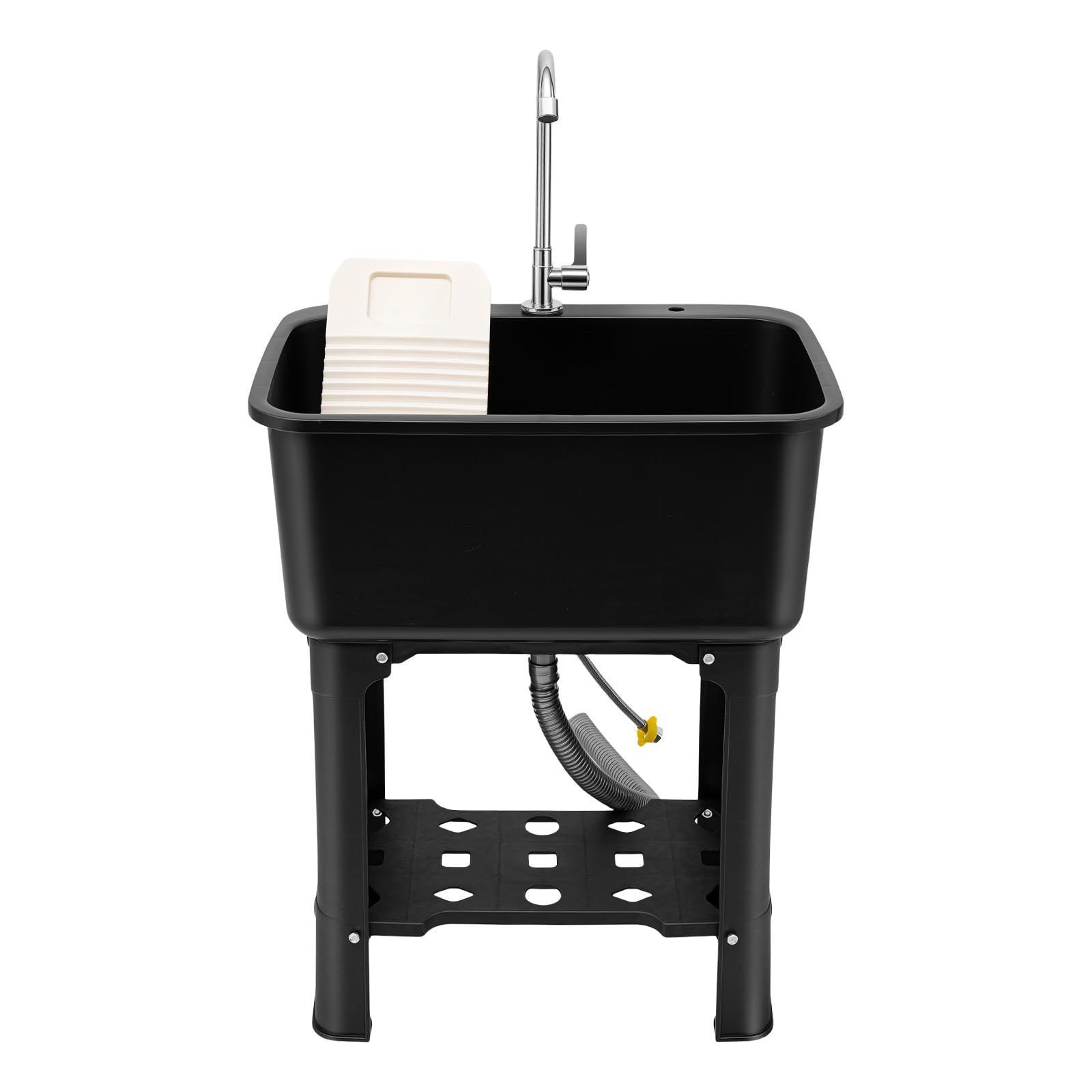 Waschbecken Spülbecken Ausgussbecken Waschtrog Becken 61x40x76.5cm Gewerbe Waschraum Garten Garage Keller Werkstatt Waschküche Waschtisch Außenwaschbecken mit Wasserhahn, Waschbrett, Schwarz