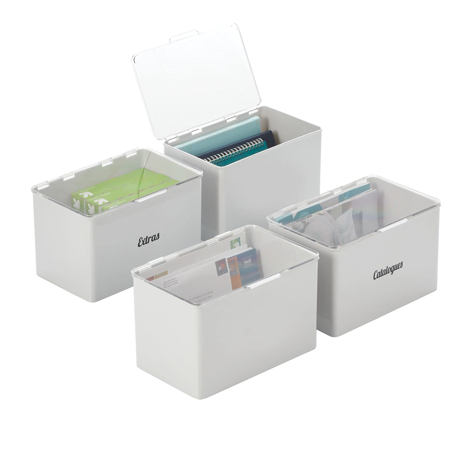 mDesign Plastic Stackable Home, Office Supplies Storage Organizer Box with Hinged Lid - for Note Pads, Pens, Staples, Dry Erase Markers, Tape - 10 Inches Wide, 4 Pack, 32 Labels - Light Gray/Clear