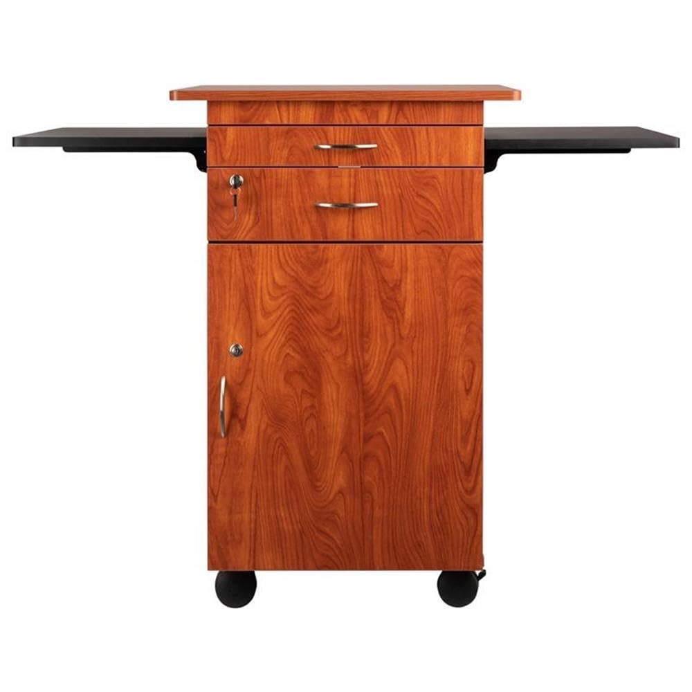 Oklahoma Sound Rolling Portable Multimedia Presentation Cart Stand with Wheels, Dual Flip-Up Side Shelves, Lockable Storage, Cherry/Black