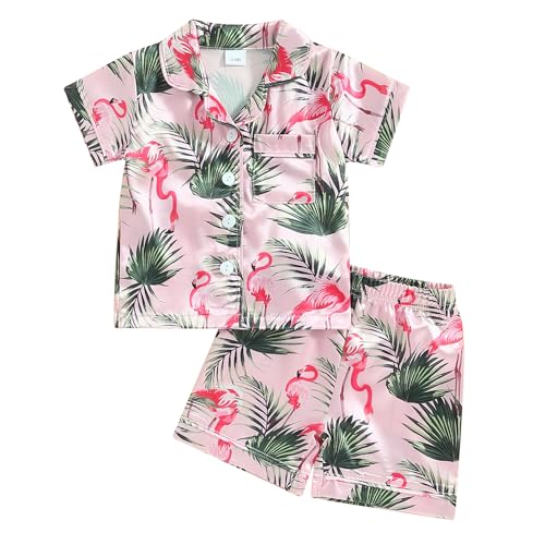 Qiylii 2PC Toddler Girls Short Satin Pajamas Butterfly Flamingo Button-Up Pjs Short Sleeve Summer Silk Pajamas Loungewear